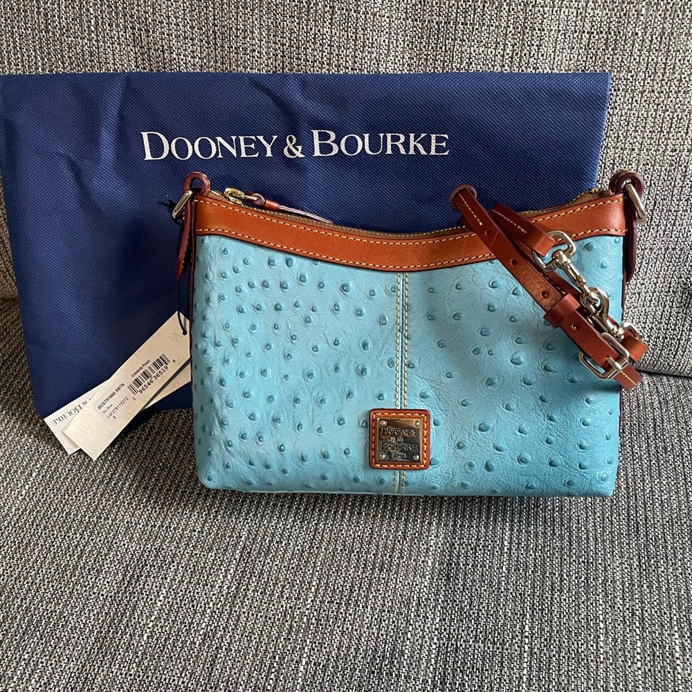 Dooney & Bourke Turquoise Ostrich-Embossed Leather Crossbody with Brown Trim